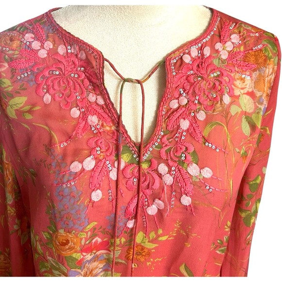 CAbi Womens Silk Floral Embroidered Embellished Coral Tie Neck Sheer Top… - Picture 2 of 9